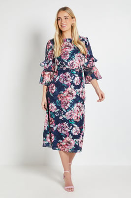 Petite Floral Burn Out Ruffle Midi Dress