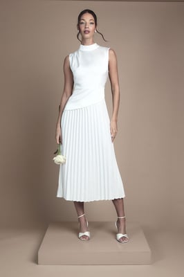 Drape High Neck Pleated Skirt Midi Wedding Dress