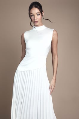 Drape High Neck Pleated Skirt Midi Wedding Dress