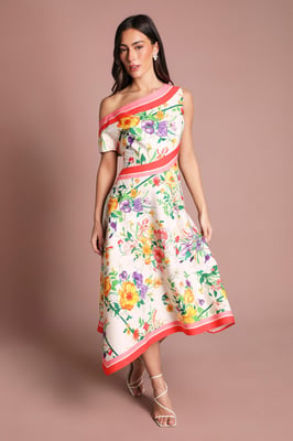 Off The Shoulder Asymmetric Printed Satin Midi Dress
