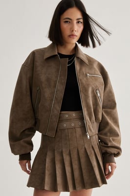 Distressed Faux Leather Bomber Jacket Co-Ord
