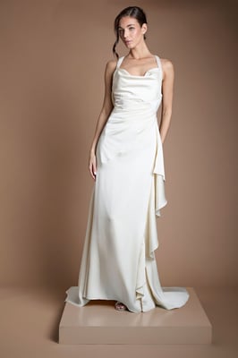 Beaded Strap Cowl Neck Wedding Dress