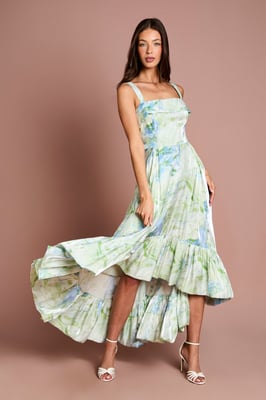 Printed Glossy Organza Tiered Hi-Lo Maxi Dress