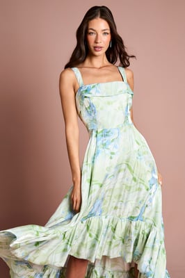Printed Glossy Organza Tiered Hi-Lo Maxi Dress