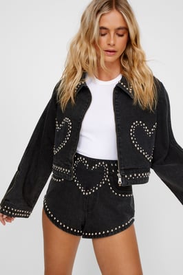Heart Studded Cropped Denim Jacket