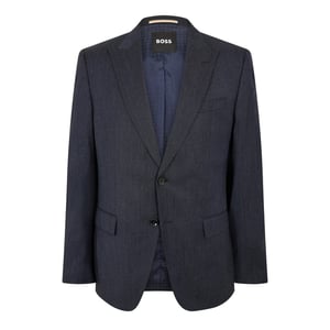 Men's Boss Solid Patterned Notch Collared Flap Pocket Full Suit in Dark Blue