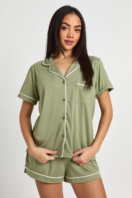Jersey Piping Detail Short Sleeve Shirt & Shorts Pyjama Set