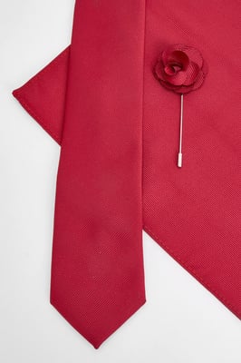 Red Tie With Pocket Square and Lapel Pin