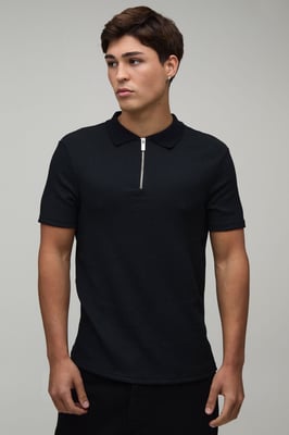Muscle Fit Crinkle Textured Zip Up Polo