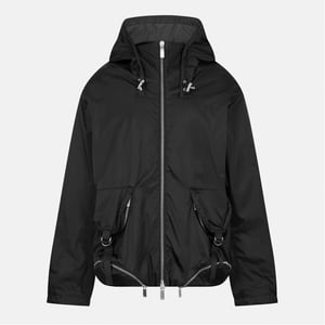 Men's Off White Solid Patterned Hooded Drawstring Windbreaker in Black