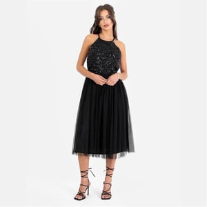 Women's Maya Deluxe Halter Neck Sleeveless Midi Dress in Black