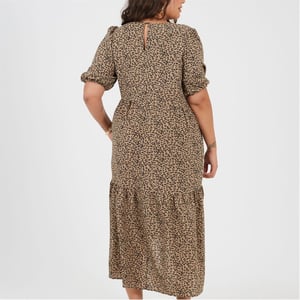 Women's Brave Soul Crew Neck Short Sleeve Tiered Dress in Brown/Black