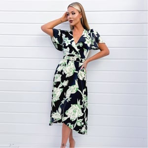 Women's AX Paris Floral Printed Short Sleeve Belted Wrap Midi Dress in Multi