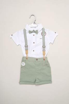 Mock Shirt Bodysuit, Shorts and Bowtie Outfit Set