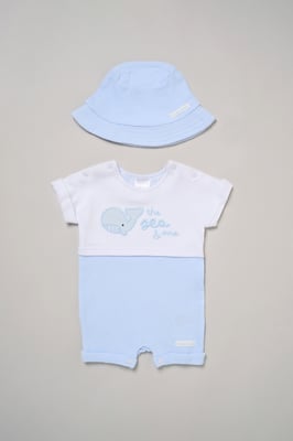 Whale Printed Romper and Reversible Hat Outfit Set
