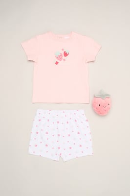 Strawberry Print T-Shirt, Shorts and Plush Toy
