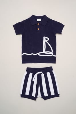 Boat Embroidered True Knit Shirt and Shorts Outfit Set