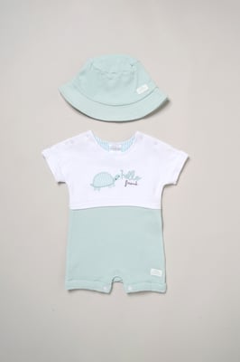 Turtle Printed Romper and Reversible Hat Outfit Set