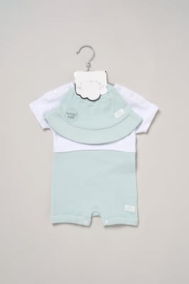 Turtle Printed Romper and Reversible Hat Outfit Set