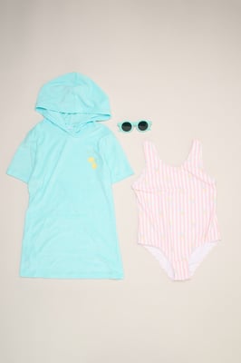 Lemon and Stripe Printed Swimsuit with Poncho and Sunglasses