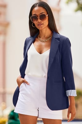 Navy Blue Stripe Print Lining Blazer