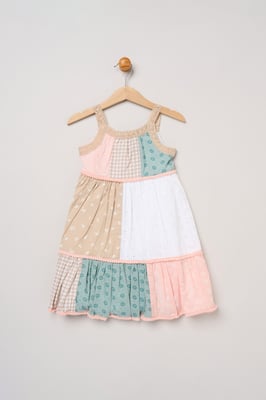 Patchwork Dress with Lace Straps & Pom Pom Trim