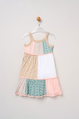 Patchwork Dress with Lace Straps & Pom Pom Trim