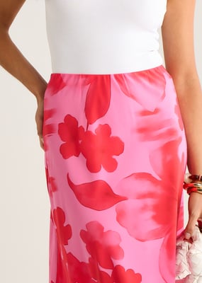 Pink Watercolor Floral Print A Line Maxi Skirt