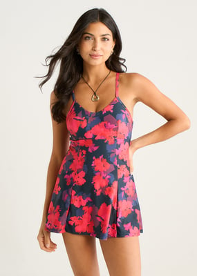 Red Floral Print Strappy Skirted Swimsuit