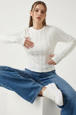 Geribbelde Rundhals Lange Mouw Blouse