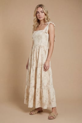 Metallic Embroidered Floral Strappy Tie Midi Dress
