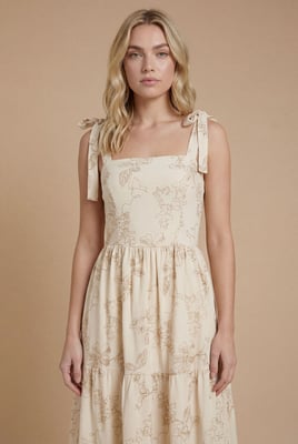 Metallic Embroidered Floral Strappy Tie Midi Dress