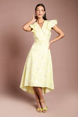 Jacquard Frill Sleeve Wrap High Low Midi Dress