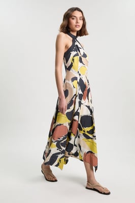 Abstract Print Viscose Linen Woven Halter Neck Maxi Dress