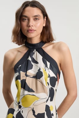 Abstract Print Viscose Linen Woven Halter Neck Maxi Dress