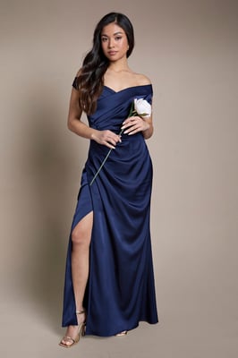 Petite Satin Bardot Bridesmaid Maxi Dress with Waist Ruching Detail