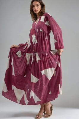 Geprinte Lange Mouw Viscose Maxi Jurk