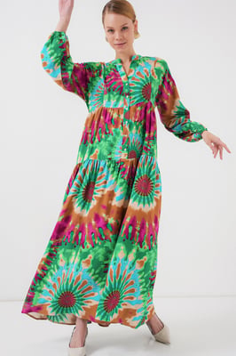 Geprinte V-hals Maxi-jurk met knoopsluiting
