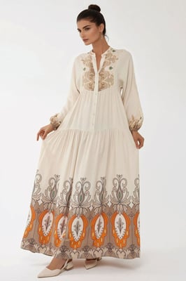 Geprinte Lange Mouw Viscose Maxi Jurk