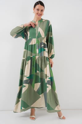Geprinte V-hals Maxi-jurk met knoopsluiting