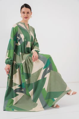 Geprinte V-hals Maxi-jurk met knoopsluiting