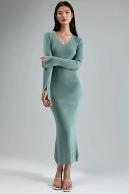 V-hals Textured Maxi Brei Jurk met Splits