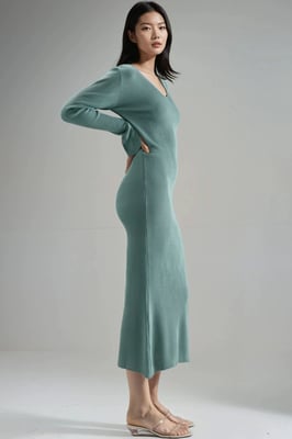 V-hals Textured Maxi Brei Jurk met Splits