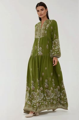 Bedrukte Lange Mouwen Viscose Maxi Jurk