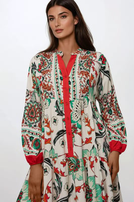 Gedrukte Lange Mouwen Viscose Maxi Jurk