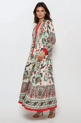 Gedrukte Lange Mouwen Viscose Maxi Jurk