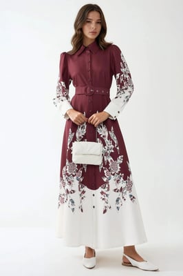 Geprinte Maxi-Jurk met Lange Mouwen en Ceintuur