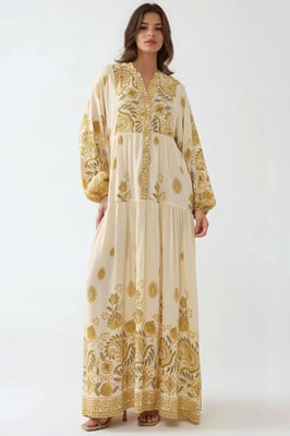 Geprinte Maxi Jurk met V-hals en Knoopdetails