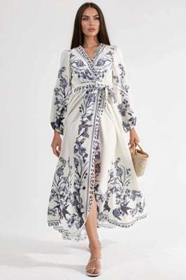 Florale Maxi Jurk met V-hals en Strikdetail