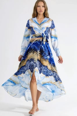 Abstracte Print Lange Mouw Maxi Jurk met Strikdetail